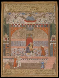Khawja Buzurjmihr prend congé de sa vieille mère pour aller dans le monde et chercher réparation, du Hamzanama, folio manuscrit, c.1560-65
